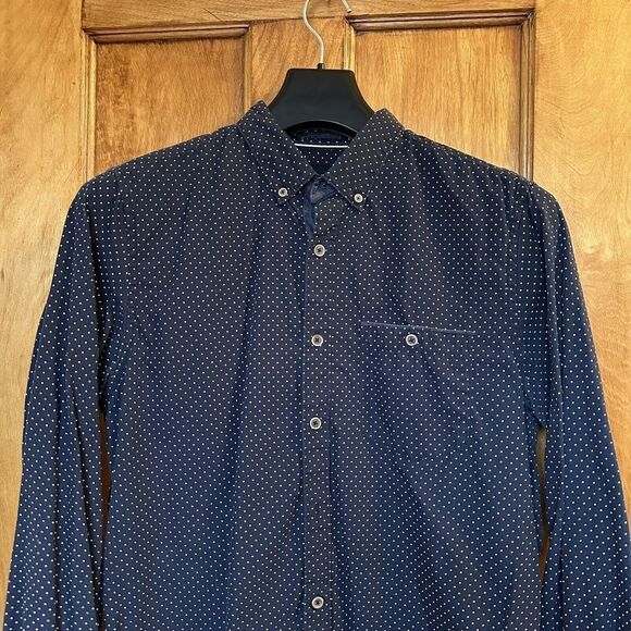 Denim & Flower Mens Shirt Size Medium Button Down Slim Fit Blue Polka Dot Navy - Picture 2 of 5